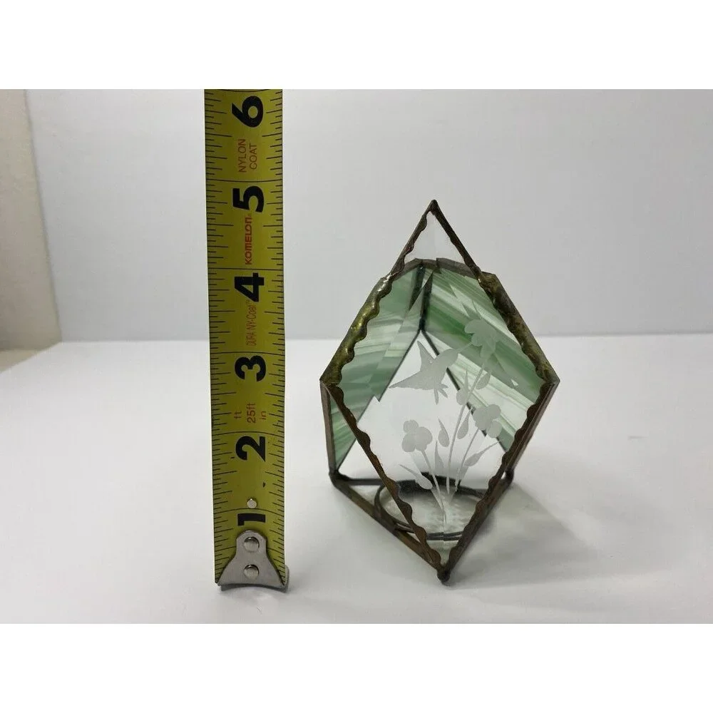 Stained‎ Green Glass Tea Light Holder Etched Glass Hummingbird Floral Design